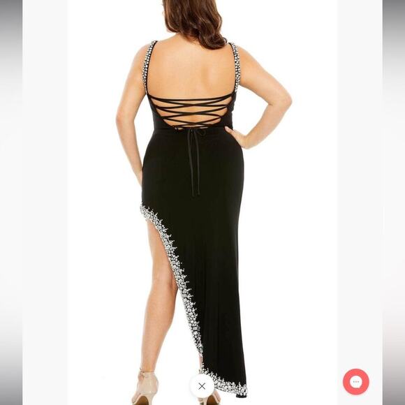 Mac Duggal Asymmetrical Side Slit Lace Up Rhinestone Embellished Gown Size 20W - Picture 6 of 14